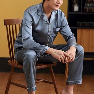Ice Seiden -Pyjamas Set Pullover Sommer Langzeitdünn für Männer Casual Homewear Anzug Nachtwäsche Top Hosen Kleidung 240428