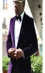 Purple Velvet Wedding Men Suits Dwuczęściowy kurtka Czarne spodnie szczytowe Lapel Trim Fit Tuxedos Niestandardowe krawat WH2252709324