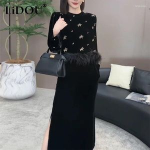 Work Dresses Autumn Winter Round Neck Embroidery Feather Patchwork Long Sleeve Pullover Top Women Elegant Fashion Slim Slit Skirt Suit