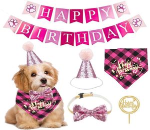 Hundkläder husdjur Happy Birthday Banner Hat Crown Bowtie Cake Topper Bandana NeckerChief Party Decor Supplies4296343