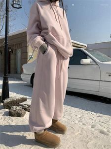 Kvinnors tvåstycksbyxor qweek y2k rosa fleece byxa set kvinnor koreanska mode grundläggande vinteruppsättning överdimensionerade harajuku casual tjock jogger