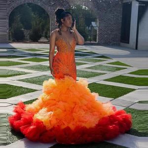 Party Dresses Colorful Bottom Aso Ebi Mermaid Prom Tulle Ruffles Beads Black Girls Evening Dress Tiered Sexy Celebrity Gowns
