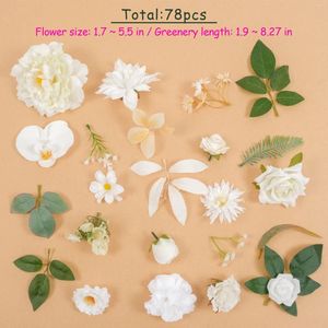 Dekorativa blommor 78st Vit Loose Artificial Silk Flower Head Green Leaf Combo Set för DIY Crafts Bouquet Wreath Wedding Party Decor Fake