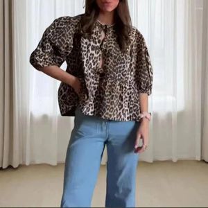 Women's Jackets Short Coats Leopard Print Shirt Puff Sleeve For Women 2024 Summer Fashion All-match Street Lady Bow Lace Up O-neck Female