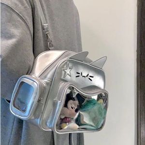 Y2K JAPAN SILVER CAT BACKPACKかわいいイタショルダーバッグ甘い女の子透明なポケットトラベルバッグ女性クロスボディバッグMochilas 240426