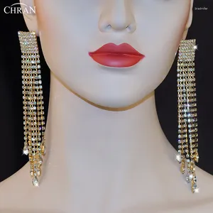 Dangle Küpeler Chran Vintage Gold Renk Rhinestone Uzun Tassel Büyük Moda Düğün Takı Damlası Kadınlar İçin Avusturya Kristal