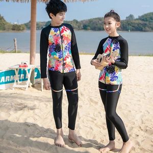 Meninas de banho feminina meninos e meninas de 5 peças de maiô de calça de manga longa com zíper frontal Spring Spring Surfing Printing Conjunto atacadista Varejo