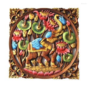 Decorative Figurines CX Elephant Mural Hand Painting Square Wood Carving Hollow Flower Plate Hallway Pendant