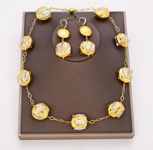 Guaiguai smycken naturligt sötvatten vitt biwa pärlmynt 24 kt guldpläterade halsband örhängen uppsättningar handgjorda för kvinnor verkliga juvelery2725769