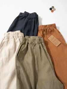 Calças femininas 70-104cm Cintura elástica / primavera Summer Mulheres de boa qualidade Loose All-Match estilo Japão Confortável 9 calças de linho / calças