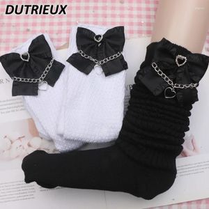 Women Socks Kawaii Girls Handmade Mine Ruffled Bow Love Pendant Long Bunching Sweet Cute All-matching Solid Color Calf High Stocking