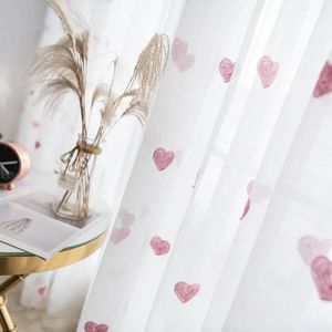 Korean Girl Sheer Voile Curtain Pink Love Heart Embroidery Tulle Reday Made Window Screens For Living Room Bedroom 240429