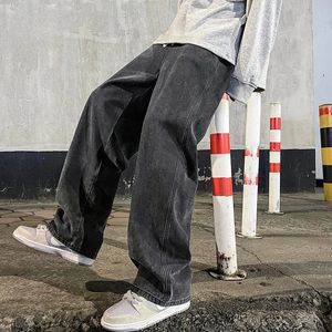 Marka dżinsowe dżinsy koreańskie student Casual Pants High Street Prosta luźna szeroka noga Czarna szara niebieska worka 240430