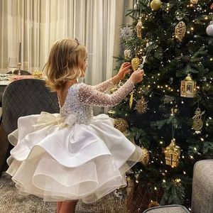 Formelle Langarm -Spitzen -Pailletten Hochzeit Prinzessin Kleid Host Geburtstag Abend Bow Kinder Kleid für Mädchen Brautjungfer Kinder Kleidung