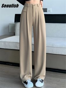 Seoulish Womens Suit Pants 여름 봄 우아한 탄성 높은 허리 솔리드 캐주얼 작업 넓은 다리 바지 여성 240428