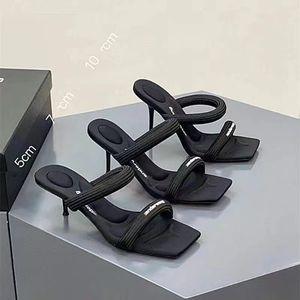 2023 A WANG WEBBING Black High Heel Slippers and Sandals Women New Soft Bottom Stiletto High-Heeled Cat Heel