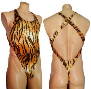 G7284 Mens Thong Back Bady Bodysuit Swim Fabric Etentery High Cut x Back Onesie Tiger Animal Prints1037116