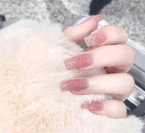 24pcs różowa linia brokatowa długie fałszywe paznokcie Pełna okładka paznokcie sztuka Fałszywe klej nacisk na dekorację manicure z klejem13941771