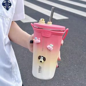 Kawaii Sainless Steel Tumbler For Coffee Car Mug Freeze Thermos Vakuumkolv Vattenflaska med halm Keep Cold Cup 600 ml 240425