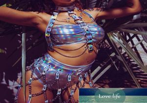 Faux Leather Holographic Sexy Backless Metal Chain Tops Регулируемая мини -юбка для летней вечеринки Rave Festival 2 ПК, наборы F8627369