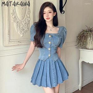 Arbetsklänningar Matakawa denim kjolar set uppsättningar Solid Summer Korean Fashion Sexig Tvåbit Set för Women Office Lady Conjuntos de Vestidos