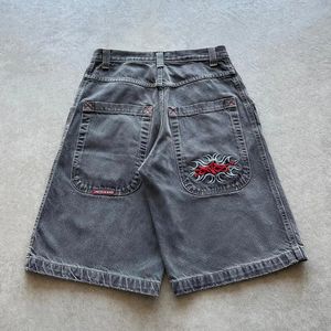 JNCO Shorts Y2K Pants Hip Hop Retro Red Crown Embroidery Black Baggy Jeans Denim Gym Hög midja Mens basket 240426