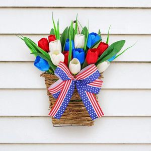Decorative Flowers Spring Door Hanging Basket Front Tulip Wreath Patriotic With White Blue Bowknot For Independence July