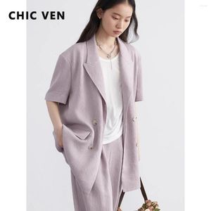 Women's Tracksuits CHIC VEN Women Blazer Loose Double Breasted Short Sleeved Female Jacket Wide Leg Pants Summer Sets 2024
