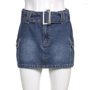 Spódnice kobiety swobodnie zapętany pasek dżinsowy mini spódnica 2024 Kobieta w stylu vintage niskoprzewodowe proste dżinsy streetwearu z kieszeniami