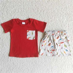 Kläder set baby pojke sommar röd kort ärm fisk krok pocket skjorta shorts barn boutique barn set grossist fashionabla outfit