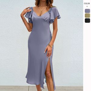 Hot Selling Summer New Casual Women's Solid Color Tint Kort ärm Sexig split a-line klänning