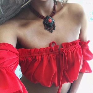 Tanks da donna Crop Tops Women Summer Lantern Sleeve Sexy Strapless Beach Red Black Bianco Bianco Top Top Tanktop