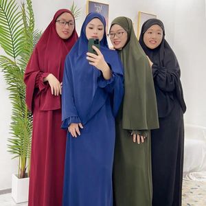 エスニック服2pcs eidラマダンフード付きトップスアバヤイスラム教徒の女性祈りの祈り衣