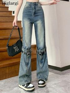 Jeans feminino retro cintura alta primavera verão longa calça feminina feminina de retalhos Moda de falha, senhoras de sino, mulher coreana