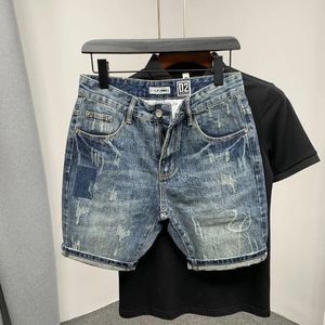 Yaz Erkek Kazık Yıpranmış İnce Fit Denim Şort Moda Kişiselleştirilmiş Yıkama Mavi Kot Pantolon 240430