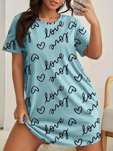 Plus Size Love Print Short Sleeve Nightgown Womens Large Micro Stretch Casual Round Neck Loungewear Dresses 240425