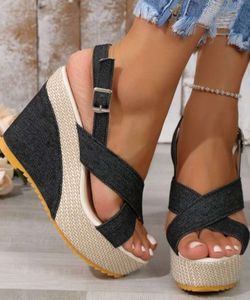 Scarpe con fibbia caviglia sandali per donne sandalo in denim estate comodo suole spessa mujer plus size 35-42