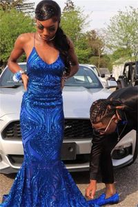 Party Dresses Chic Royal Blue Sequin Mermaid Prom Long Sexy Spaghetti Stems Backless aftonklänningar Vestido de Festa