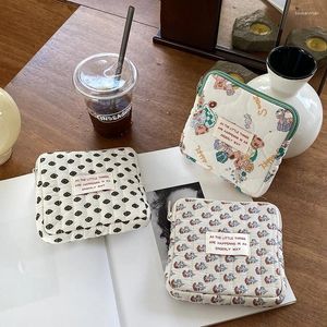 Storage Bags Korean Square Small Flower Print Makeup Bag Student Earphones Sanitary Napkin Case Lipstick Cushion