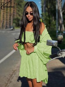 Oymimi Casual Lose Green 3 -Piece -Outfit Mode Langarm -Top -Röhrchen mit hoher Taille in 240426