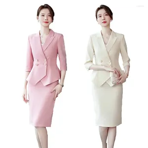 Two Piece Dress Novelty Apricot Formal Women Business Suits With Skirt And Jacket Ladies Office Professional Half Sleeve Blazer Spring OL