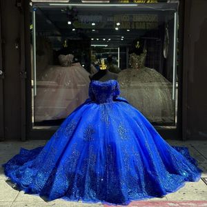 Kraliyet mavisi omuz quinceanera elbise balo elbisesi dantel aplikler boncuk tull meksika tatlı 16 vestidos de 15 anos