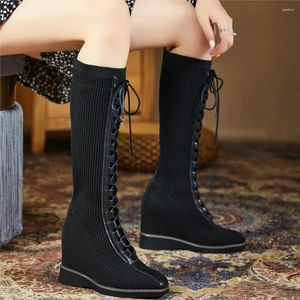 Boots Platform Pumps Shoes Women Genuine Leather Wedges High Heel Knee Female Knitting Round Toe Thigh Oxfords