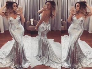 Luxury Sexy Sparkling Prom Dress Backless Silver Deep VNeck Open Back Sweep Train Formal Party Dresses Modern Women Evening Gowns1868677