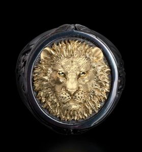 Cool Men039s 18k żółte złoto Twotone czarny złoty pierścionek z diamentem Afryka Afryka Grassland Pierścień Lion