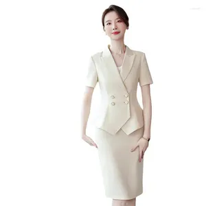 Two Piece Dress Novelty Apricot Summer Short Sleeve Formal Women Business Suits With Skirt And Tops Ladies Office Work Wear Professional