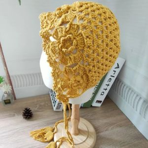 Handmade knitted hat women's pure cotton wool crocheted hollow beret hat autumn winter fashion forest outdoor flower pullove hat