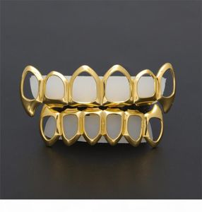 Nowy Hip Hop Custom Fit Grill Sześć pustych otwartych twarzy złota usta Grillz Caps górne dno z silikonowym zębami wampirów SET2937906