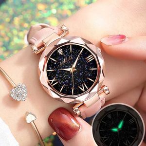 ساعة Wristwatches Women Rhinestone Romantic Starry Sky Wrist Fashion Ladies Leather Clock for Women Relogio Feminino Montre Femme D240430