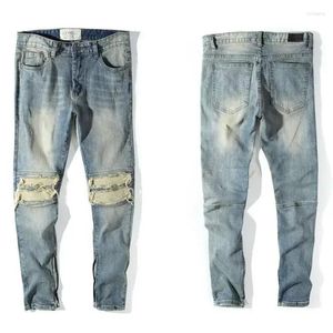 Mäns jeans rippade med hål trasiga byxor man cowboy byxor rivna avsmalnande fickor ljusblå sommar denim trend 2024 lyx xs